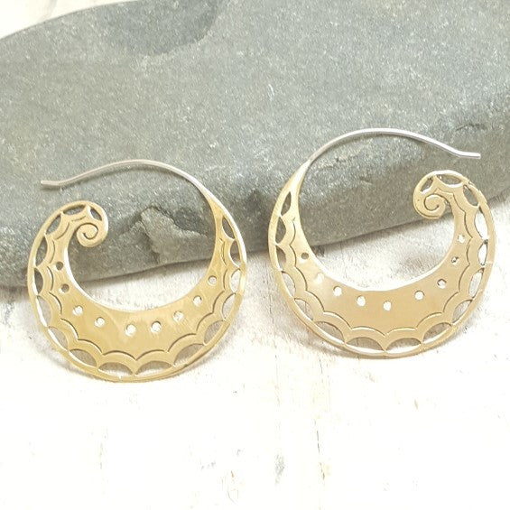 Medium Spiral Moon Brass Hoop Earrings