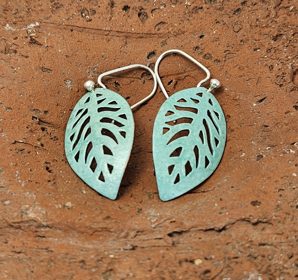 Patina Leaf Drop Earrings with Sterling Hook