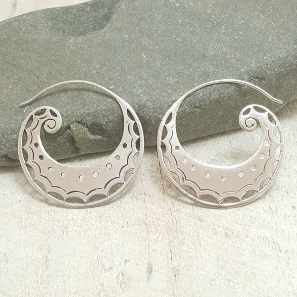 Medium Spiral Moon Silver Hoop Earrings
