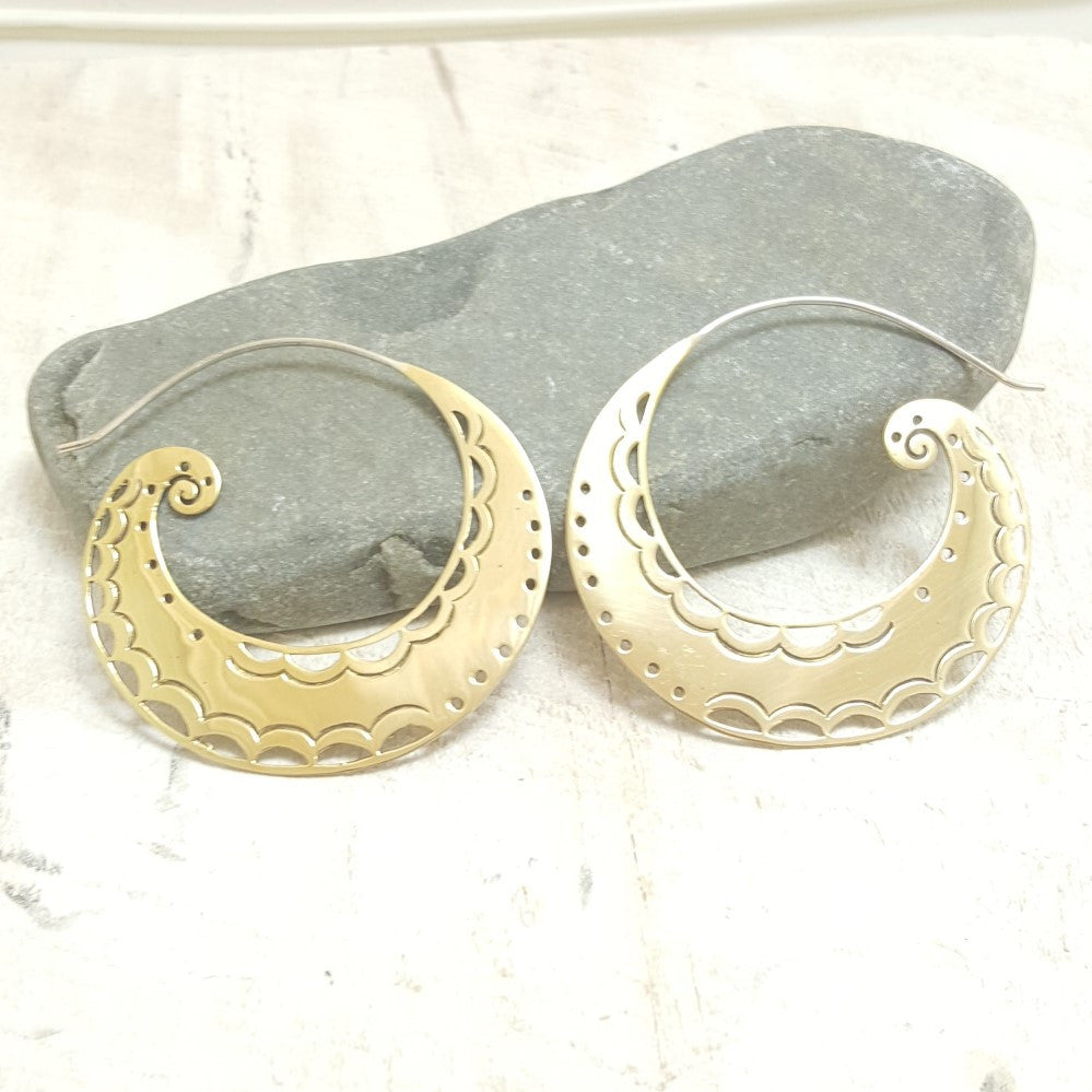 Large Spiral Moon Brass Hoop Earrings