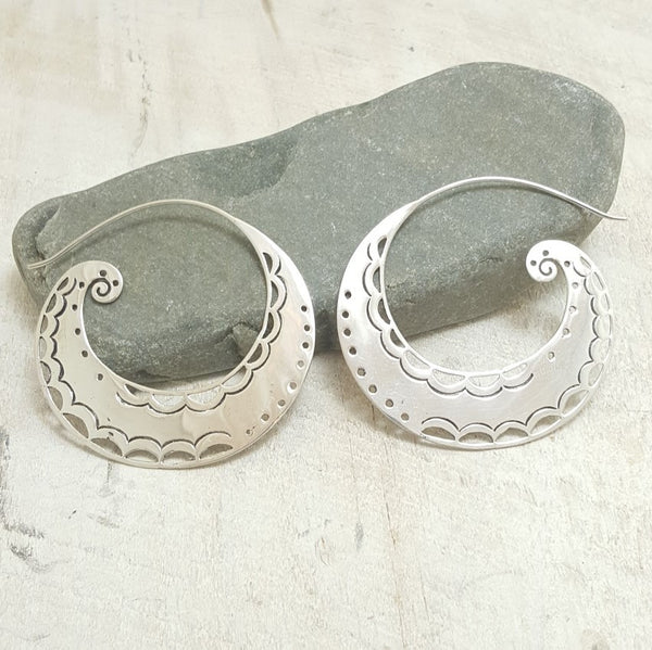 Large Spiral Moon Silver Hoop Earrings