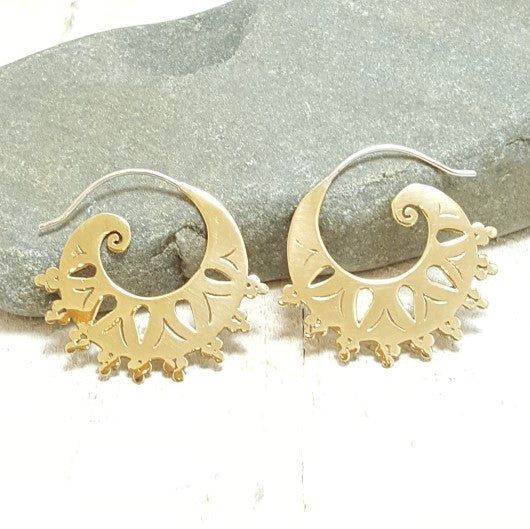 Tribal Spiral Brass Hoop Earrings