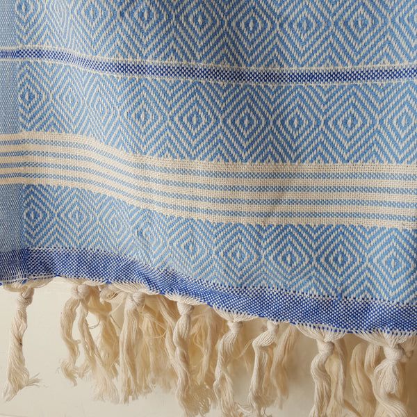 Close up of Basic Diamond Turkish Towel in Light Blue with Blue