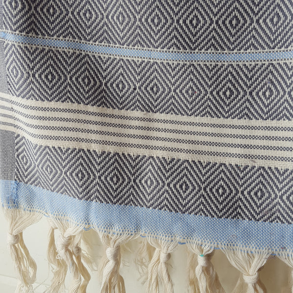 Close up of Basic Diamond Turkish Towel in Grey with Light Blue