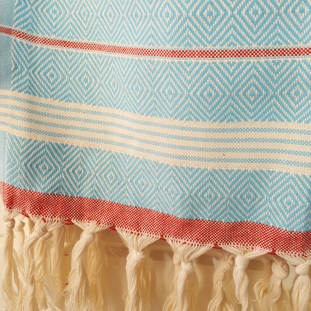 Close up of Basic Diamond Turkish Towel in Turquoise with Red