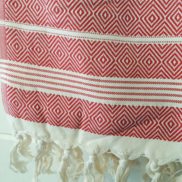 Close up of Basic Diamond Turkish Towel in Red