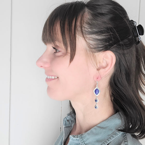 Lapis Lazuli Earrings with Silver Frame - Triple Stone Drop