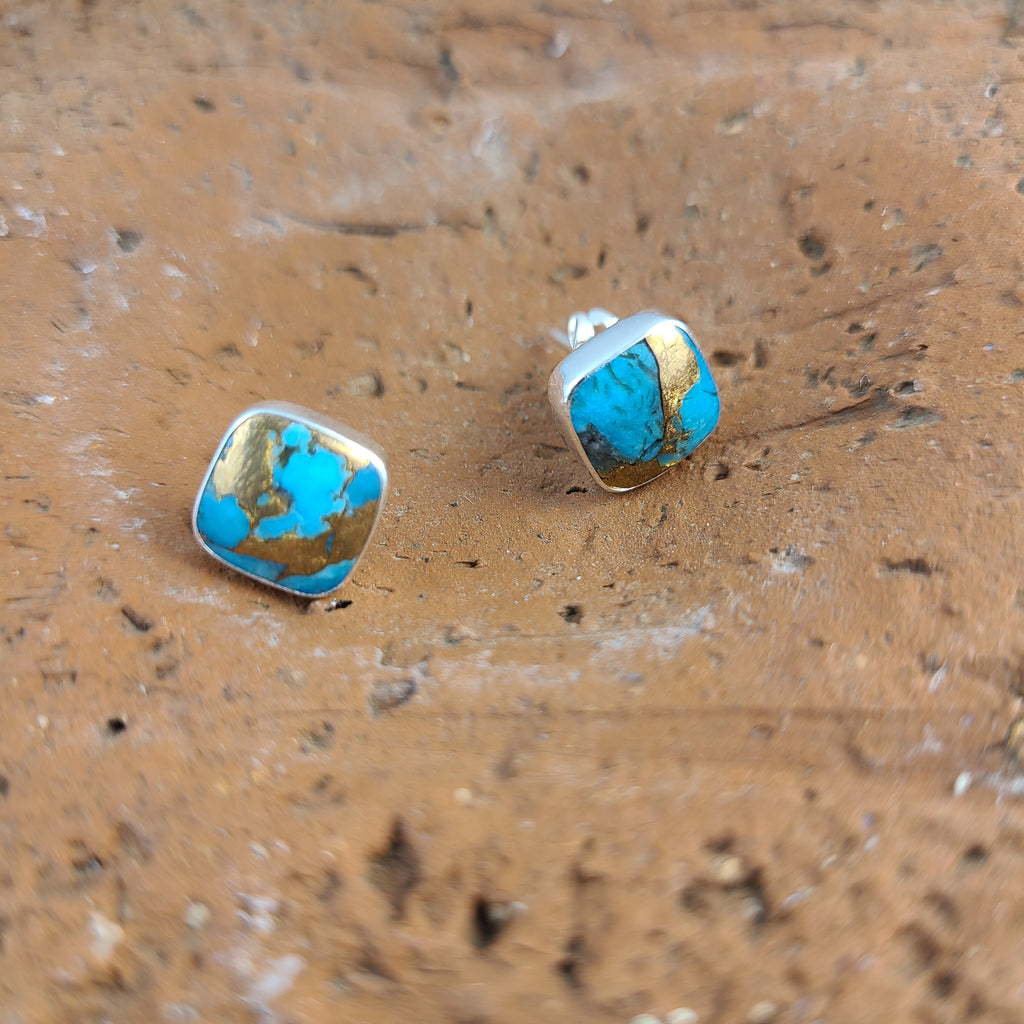 Squircle Stud Earrings - Amazonite with Bronze