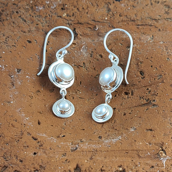 Double Pearl Earrings with Silver Frame