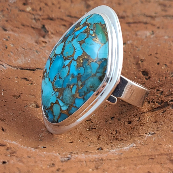 Turquoise with Bronze Large Stone Ring - Adjustable