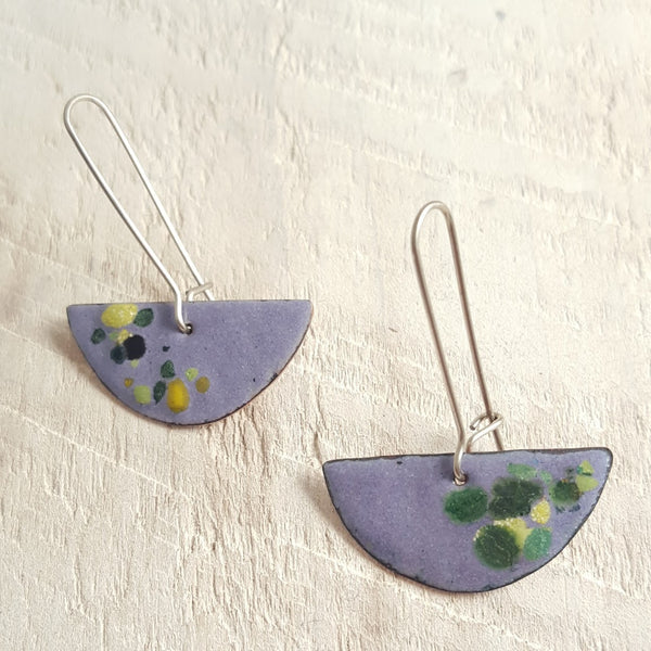 Light purple enameled copper earrings with green accents.