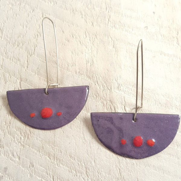 Purple enameled copper earrings with red dots.