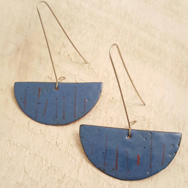 Light blue enameled copper earrings with red accents.