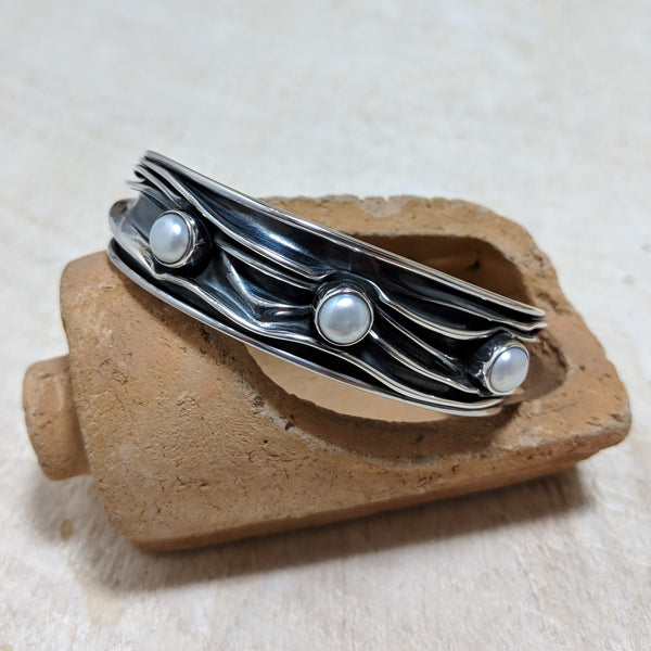 Thin Squashed Cuff with Pearls front