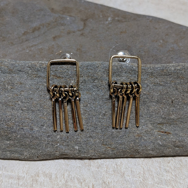 font view of open square five fringe post earrings