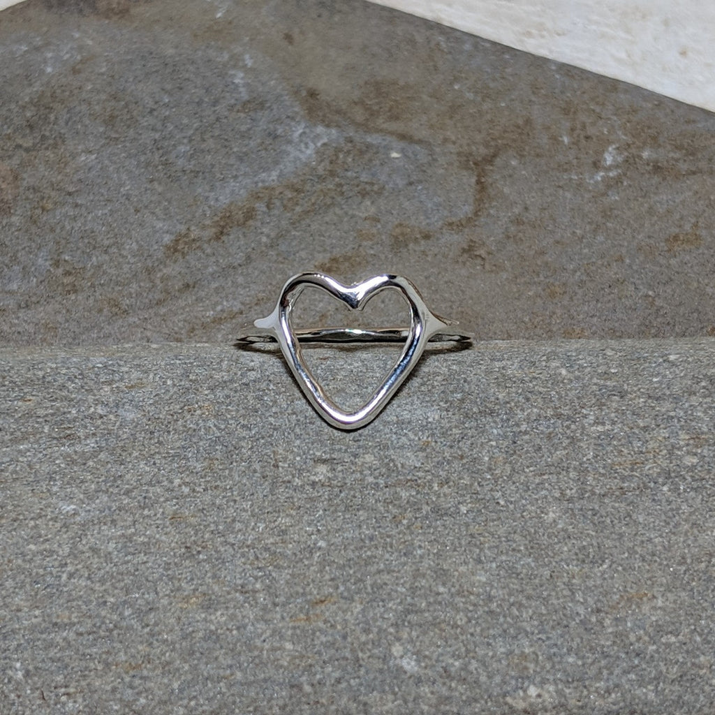 Open heart ring in silver plate front view