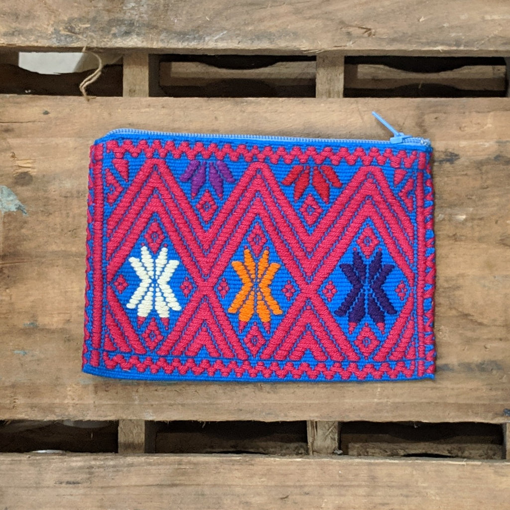 Blue coin purse with mostly red detail