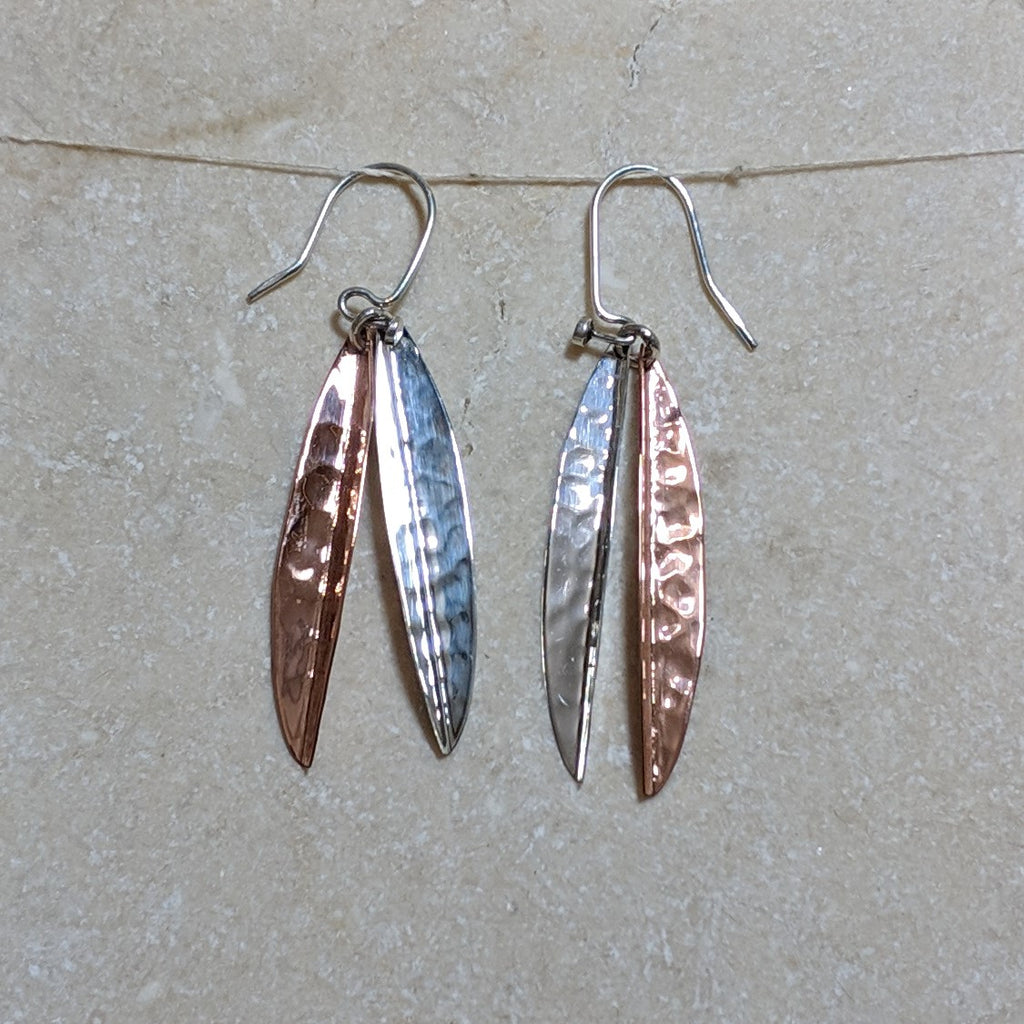 long leaves silver and copper earrings