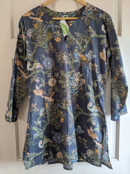 Cotton Tunic, Grey with Floral Bird Pattern