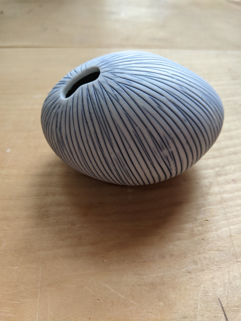 White and Blue mini striped Urchin Sea Vase