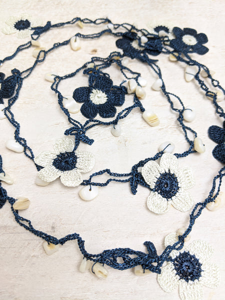 Navy Blue and Off White Crocheted Lariat Necklace