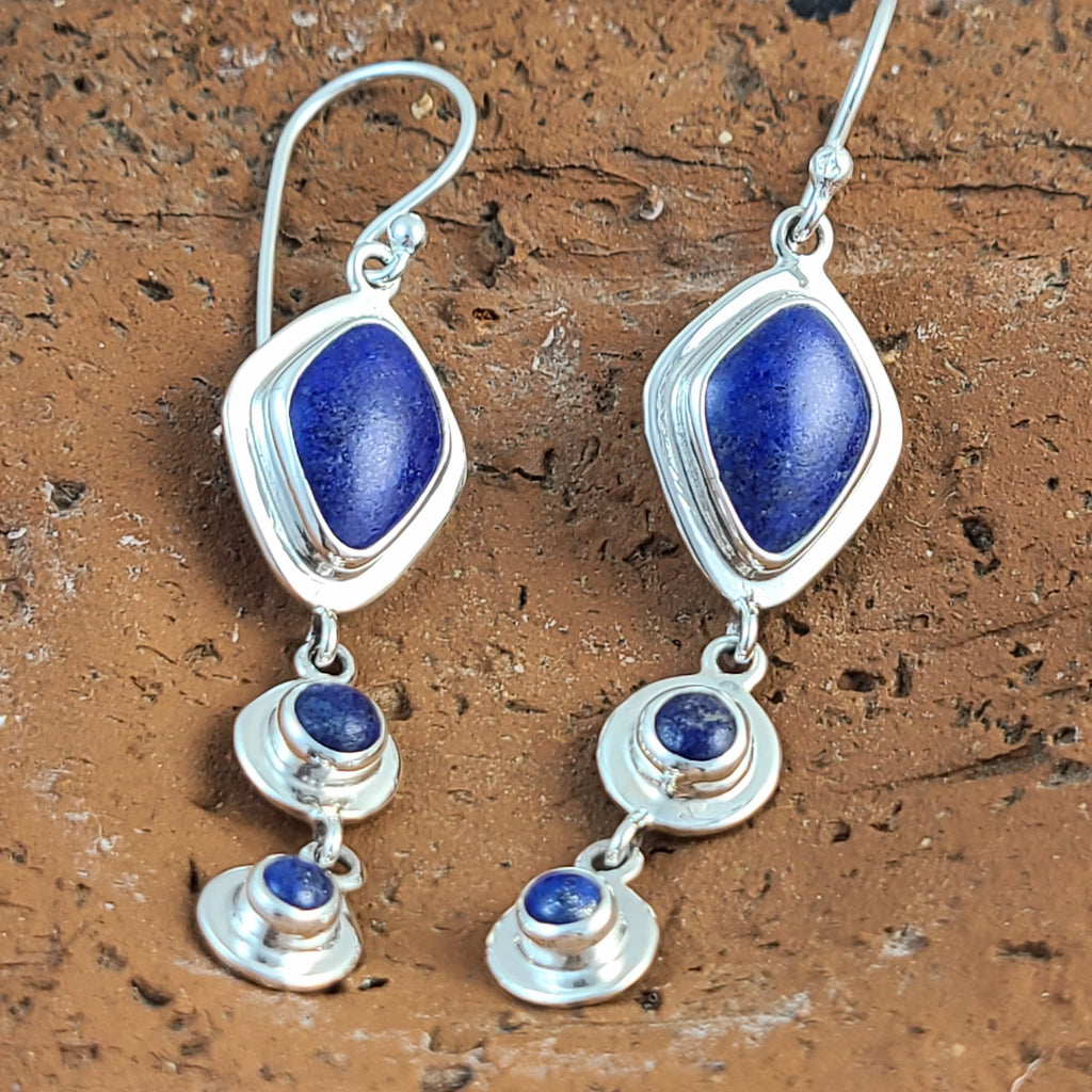 Lapis Lazuli Earrings with Silver Frame - Triple Stone Drop